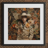 Rashid - Gay Arabic Cowboy Dandy Art Print / Canvas Framed Portrait Person Beige Cowboy Attire Surrounded Layered Gay Arabic Cowboy, Dandy,