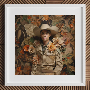 Rashid - Gay Arabic Cowboy Dandy Art Print / Canvas Cowboy Hat Floral Embellishments Tan Brown Leather Texture Gay Arabic Cowboy, Dandy,