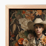 Rustic Wooden-framed Artwork Man Beige Cowboy Hat Surrounded Gay Arabic, Dandy, Rashid Stands Tall