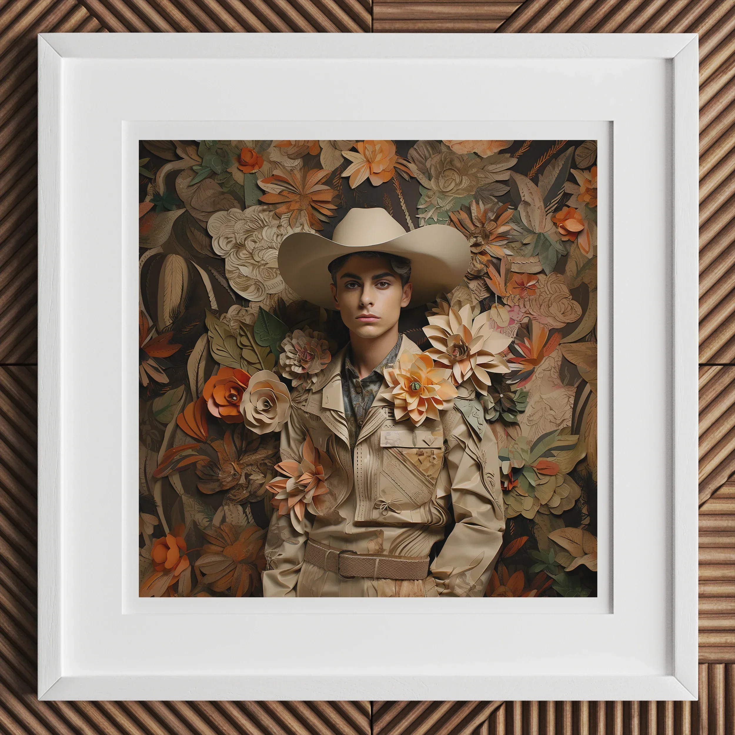 Rashid - Gay Arabic Cowboy Dandy Art Print, Framed Artistic Portrait Cowboy Hat Safari-style Jacket Floral