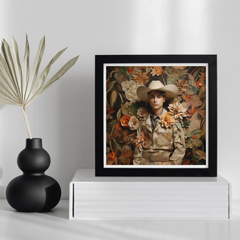 Rashid - Gay Arabic Cowboy Dandy Art Print, Framed Artwork Figure Safari Attire Floral Backdrop