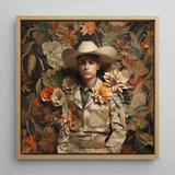Rashid - Gay Arabic Cowboy Dandy Framed Canvas, 12x12’’ / 31x31cm / Natural Floating Frame, Framed Artwork Person Cowboy Hat Military-style