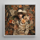 Rashid - Gay Arabic Cowboy Dandy Framed Canvas, 12x12’’ / 31x31cm / White Floating Frame, Framed Floral Cowboy Portrait