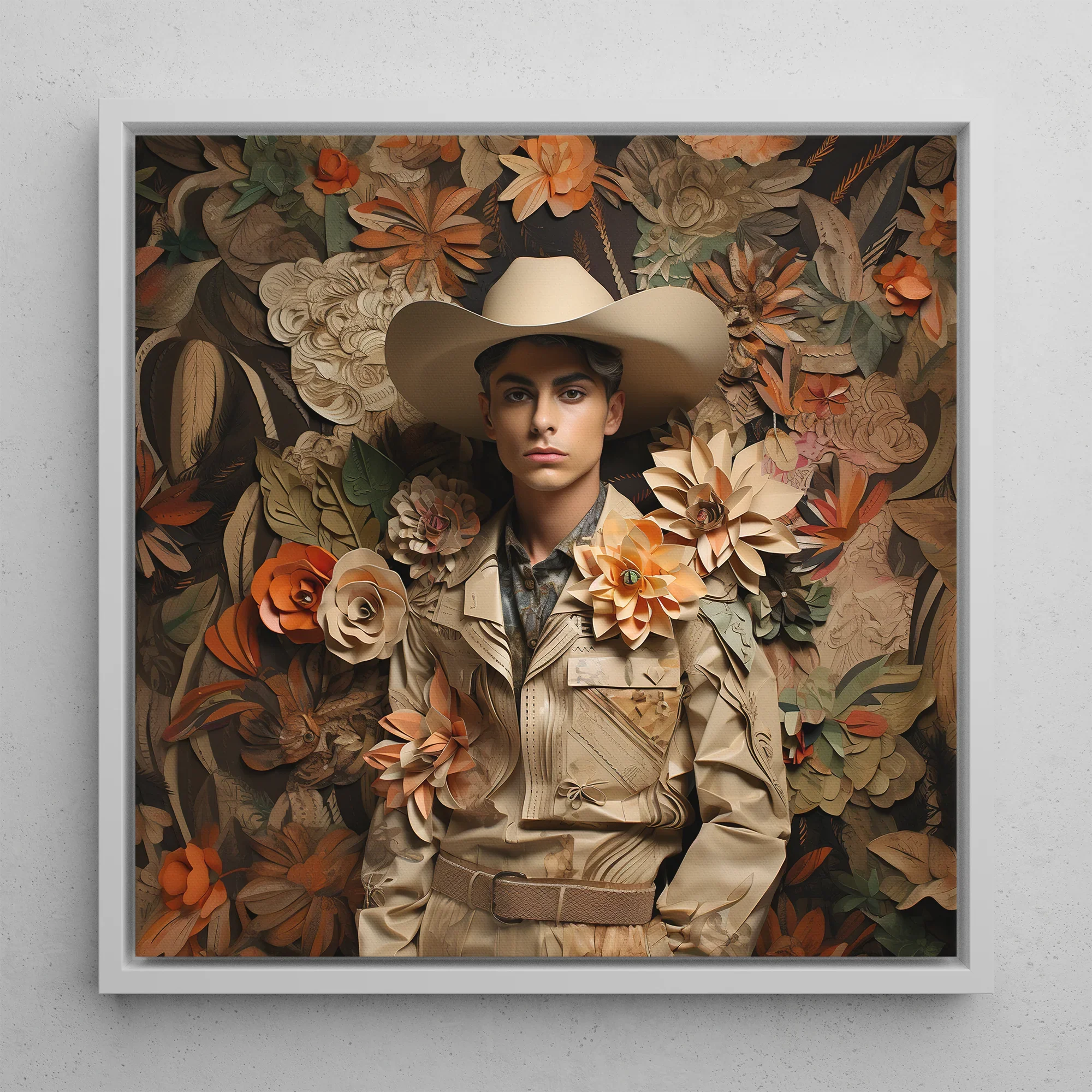 Rashid Gay Arabic Cowboy Dandy Framed Canvas, 12’’x12’’ / White Floating Frame, Framed Floral Cowboy Portrait