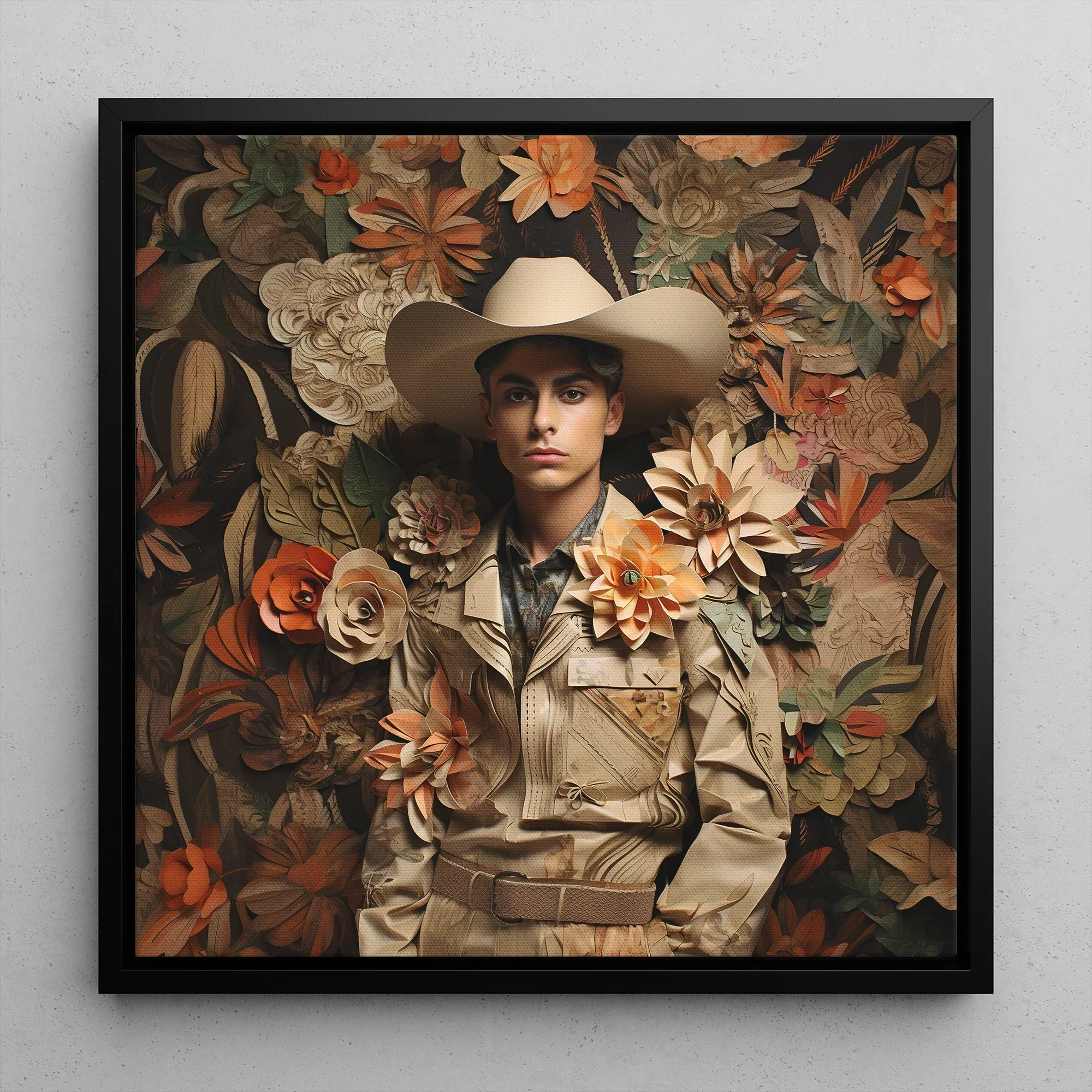 Rashid - Gay Arabic Cowboy Dandy Framed Canvas, Framed Floral Cowboy Portrait