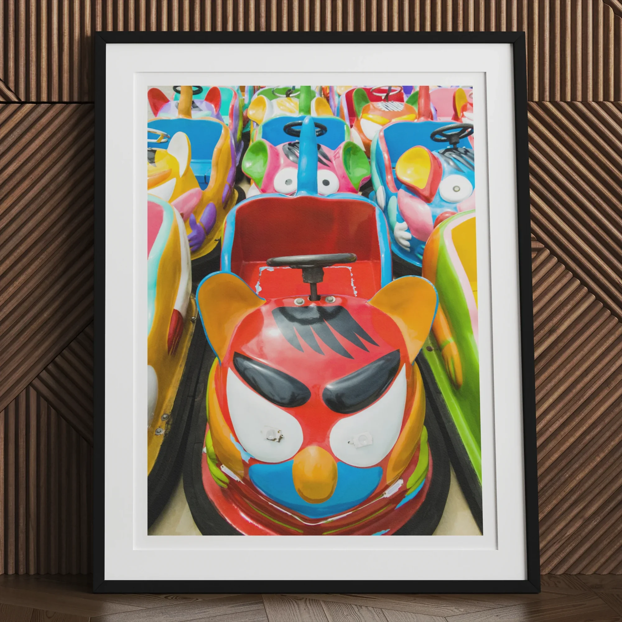 Rat Pack - Amusement Park Bumper Car Art Print, Colorful Abstract Painting Stylized Face Mask Bold Geometric