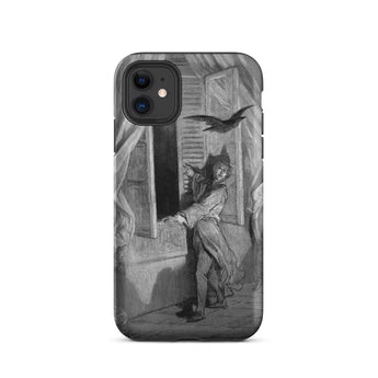 The Raven Edgar Allan Poe - Gustave Dore Iphone Case, 11 / Matte, Smartphone Case Black White Illustration Person Startled Bird