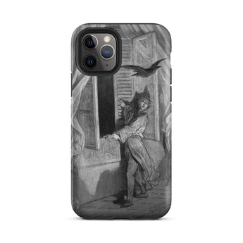 The Raven Edgar Allan Poe - Gustave Dore Iphone Case, 11 Pro / Matte, Black White Illustration Man Crow Window Phone Case