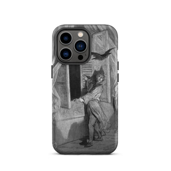 The Raven Edgar Allan Poe - Gustave Dore Iphone Case, 13 Pro / Matte, Black White Smartphone Case Vintage Illustration Person Window