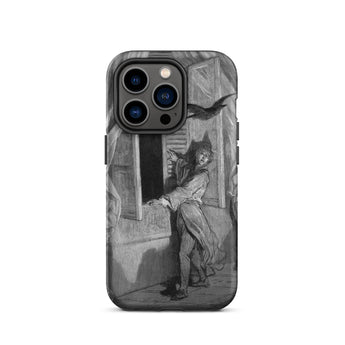 The Raven Edgar Allan Poe - Gustave Dore Iphone Case, 14 Pro / Matte, Black White Illustration Man Bird Smartphone Case
