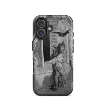 The Raven Edgar Allan Poe - Gustave Dore Iphone Case, 16 / Matte, Phone Case Black White Illustration Person Window Bird