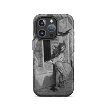 The Raven Edgar Allan Poe - Gustave Dore Iphone Case, 16 Pro / Matte, Iphone Case Black White Illustration Man Startled Raven