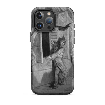 The Raven Edgar Allan Poe - Gustave Dore Phone Case Iphone 16 Pro Max / Matte Black Iphone Case Grayscale Artistic Person Startled Crow
