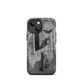 The Raven Edgar Allan Poe - Gustave Dore Phone Case Iphone 13 Mini / Matte Black Iphone Case Grayscale Illustration Person Window Bird