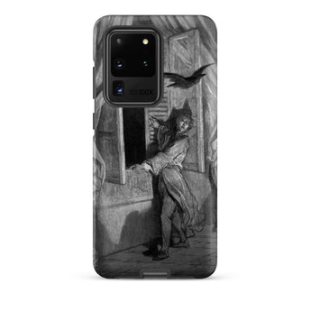 The Raven Edgar Allan Poe - Gustave Dore Phone Case Samsung Galaxy S20 Ultra / Matte Black White Illustrated Phone Case Dramatic Scene