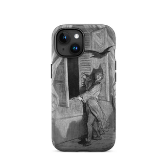 The Raven Edgar Allan Poe - Gustave Dore Phone Case Iphone 15 / Matte Black White Iphone Case Man Window Bird Overhead Gustave Doré’s
