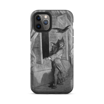 The Raven Edgar Allan Poe - Gustave Dore Phone Case Iphone 11 Pro / Matte Black White Illustration Man Crow Window Phone Case Gustave