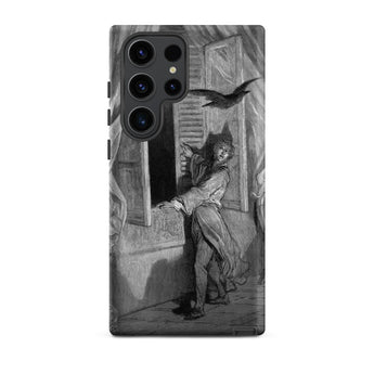 The Raven Edgar Allan Poe - Gustave Dore Phone Case Samsung Galaxy S23 Ultra / Matte Black White Illustrated Phone Case Dramatic Scene Man