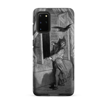 The Raven Edgar Allan Poe - Gustave Dore Samsung Case, Galaxy S20 Plus / Matte, Black White Illustration Frightened Figure Robe Window Bird