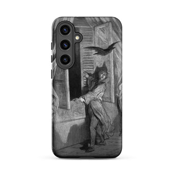 The Raven Edgar Allan Poe - Gustave Dore Samsung Case, Galaxy S24 Plus / Matte, Black White Illustration Scene Person Bird Smartphone Case