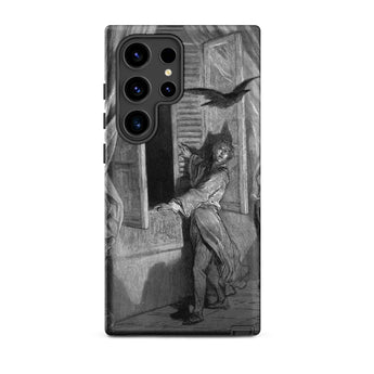The Raven Edgar Allan Poe - Gustave Dore Samsung Case, Galaxy S24 Ultra / Matte, Smartphone Black White Illustration Figure Startled Bird