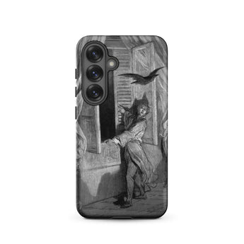 The Raven Edgar Allan Poe - Gustave Dore Samsung Case, Galaxy S25 / Matte, Smartphone Case Black White Illustration Man Bird Window