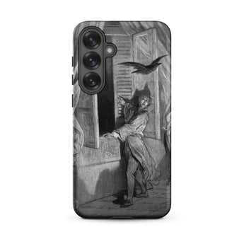 The Raven Edgar Allan Poe - Gustave Dore Samsung Case, Galaxy S25 Plus / Matte, Smartphone Case Black White Illustration Person Window Bird
