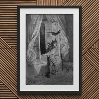 The Raven - Gustave Dore Art Print, 20x30’’ / 51x76cm / Black Frame / 2’’ Matboard, Framed Black White Print Man Bird Room