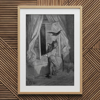 The Raven - Gustave Dore Art Print, 20x30’’ / 51x76cm / Natural Frame / 2’’ Matboard, Framed Black White Illustration Man Raven Window