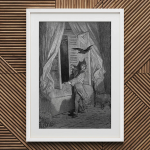 The Raven - Gustave Dore Art Print, 20x30’’ / 51x76cm / White Frame / 2’’ Matboard, Black White Framed Illustration Person Startled Bird