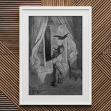 The Raven - Gustave Dore Art Print, 20x30’’ / 51x76cm / White Frame / 2’’ Matboard, Black White Framed Illustration Person Startled Bird