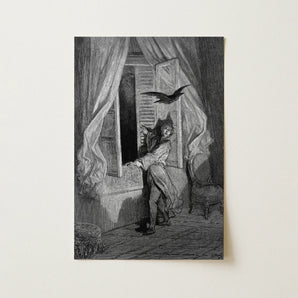 The Raven - Gustave Dore Art Print / Canvas Black-and-white Illustrated Print Man Period Attire Open Window Gustave Dore Art, Art Print,