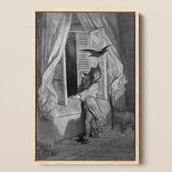 The Raven - Gustave Dore Art Print / Canvas Framed Black-and-white Illustration Man Period Attire Open Window, Doré’s Engraving Prints