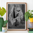 The Raven - Gustave Dore Art Print, Framed Black White Illustration Man Startled Bird Window