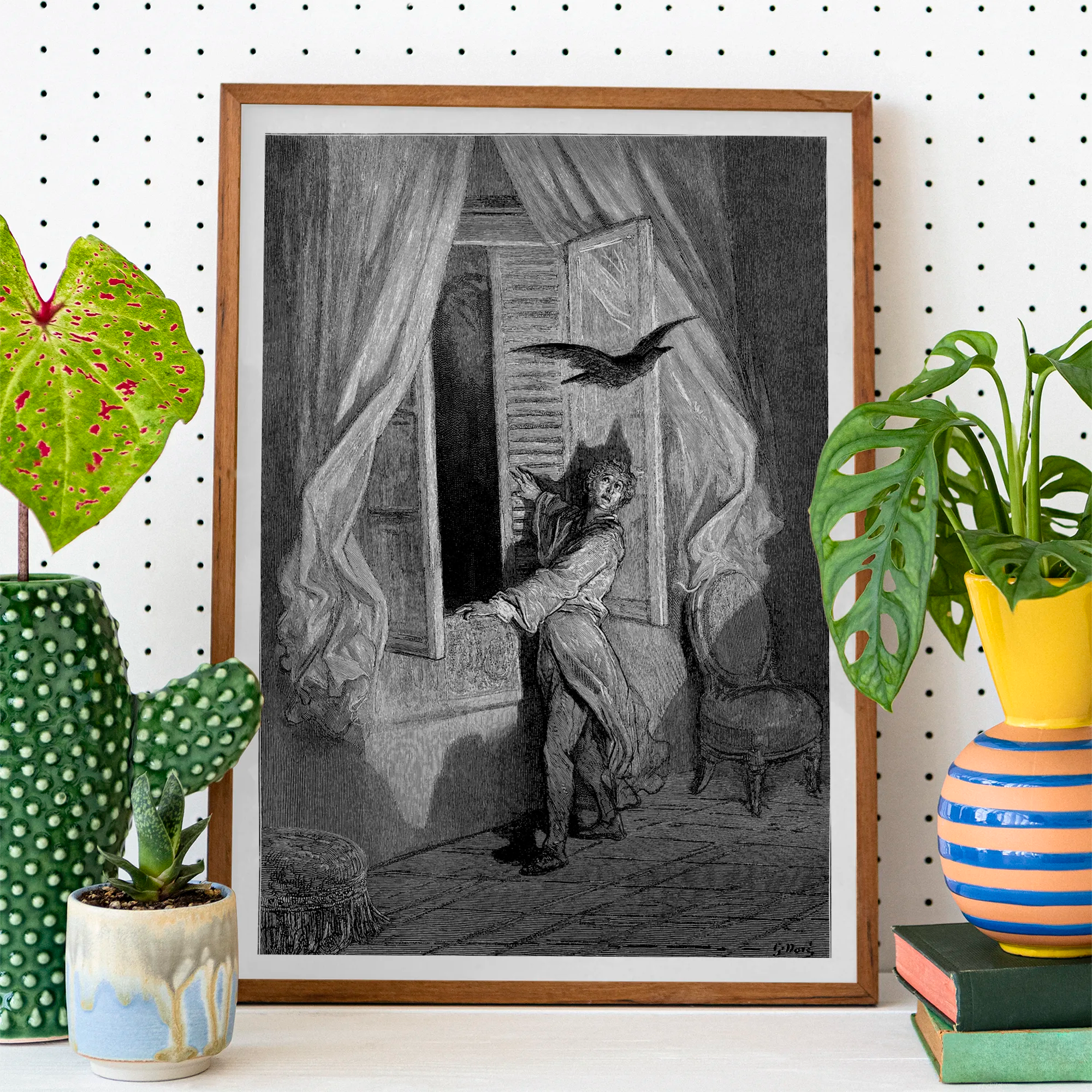 The Raven - Gustave Dore Art Print, Framed Black White Illustration Man Startled Bird Window