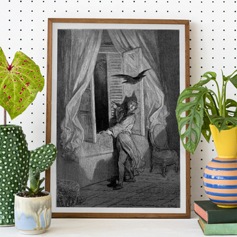 The Raven - Gustave Dore Art Print, Framed Black White Illustration Man Startled Bird Window