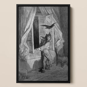 The Raven - Gustave Dore Framed Canvas, 12x18’’ / 31x46cm / Black Floating Frame, Framed Black White Artwork Person Startled Bird Window
