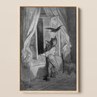 The Raven - Gustave Dore Framed Canvas, 12x18’’ / 31x46cm / Natural Floating Frame, Framed Black White Illustration Person Startled Bird