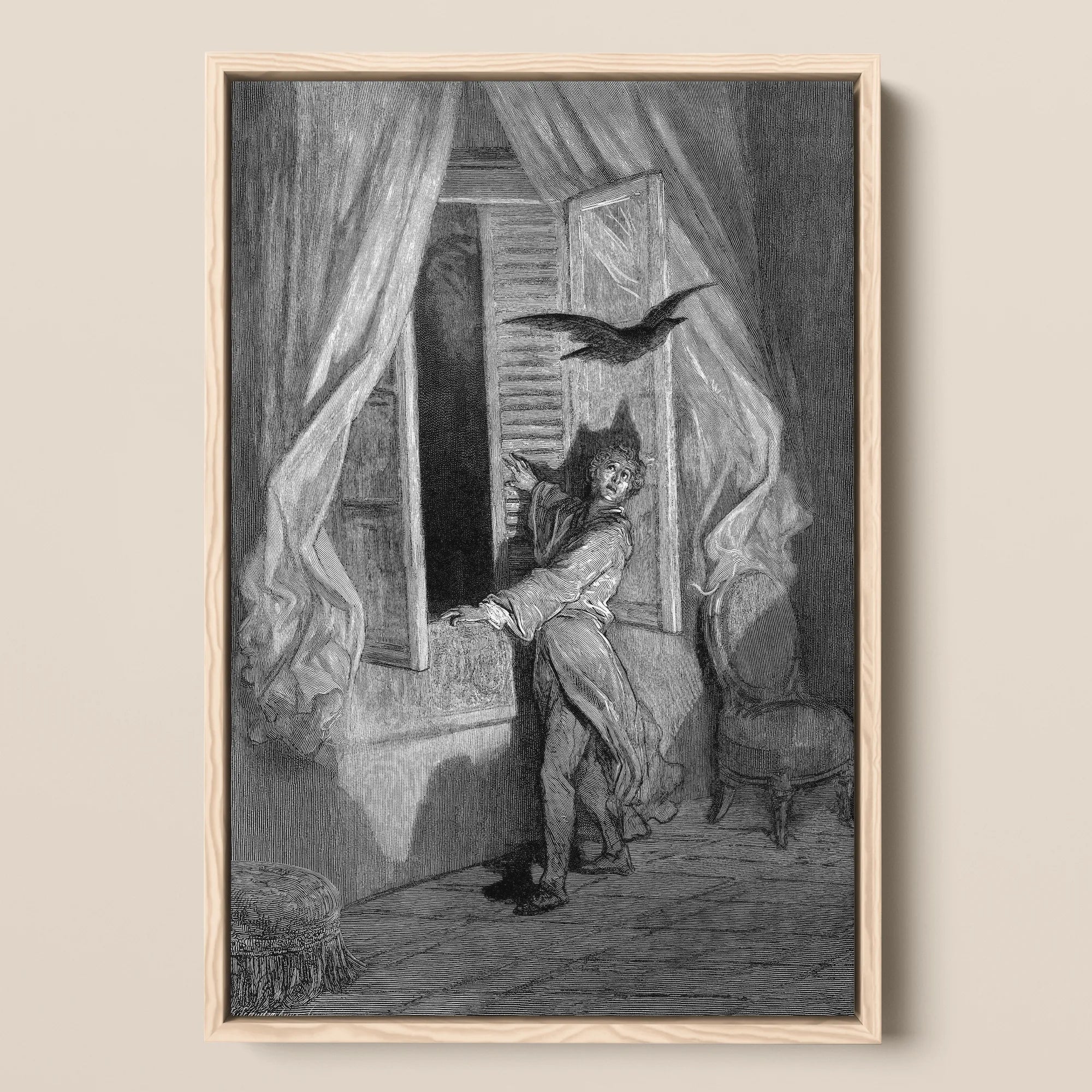 The Raven - Gustave Dore Framed Canvas, 12x18’’ / 31x46cm / Natural Floating Frame, Framed Black White Illustration Person Startled Bird