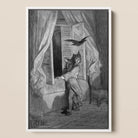 The Raven - Gustave Dore Framed Canvas, 12x18’’ / 31x46cm / White Floating Frame, Black White Illustration Person Startled Bird Open Window