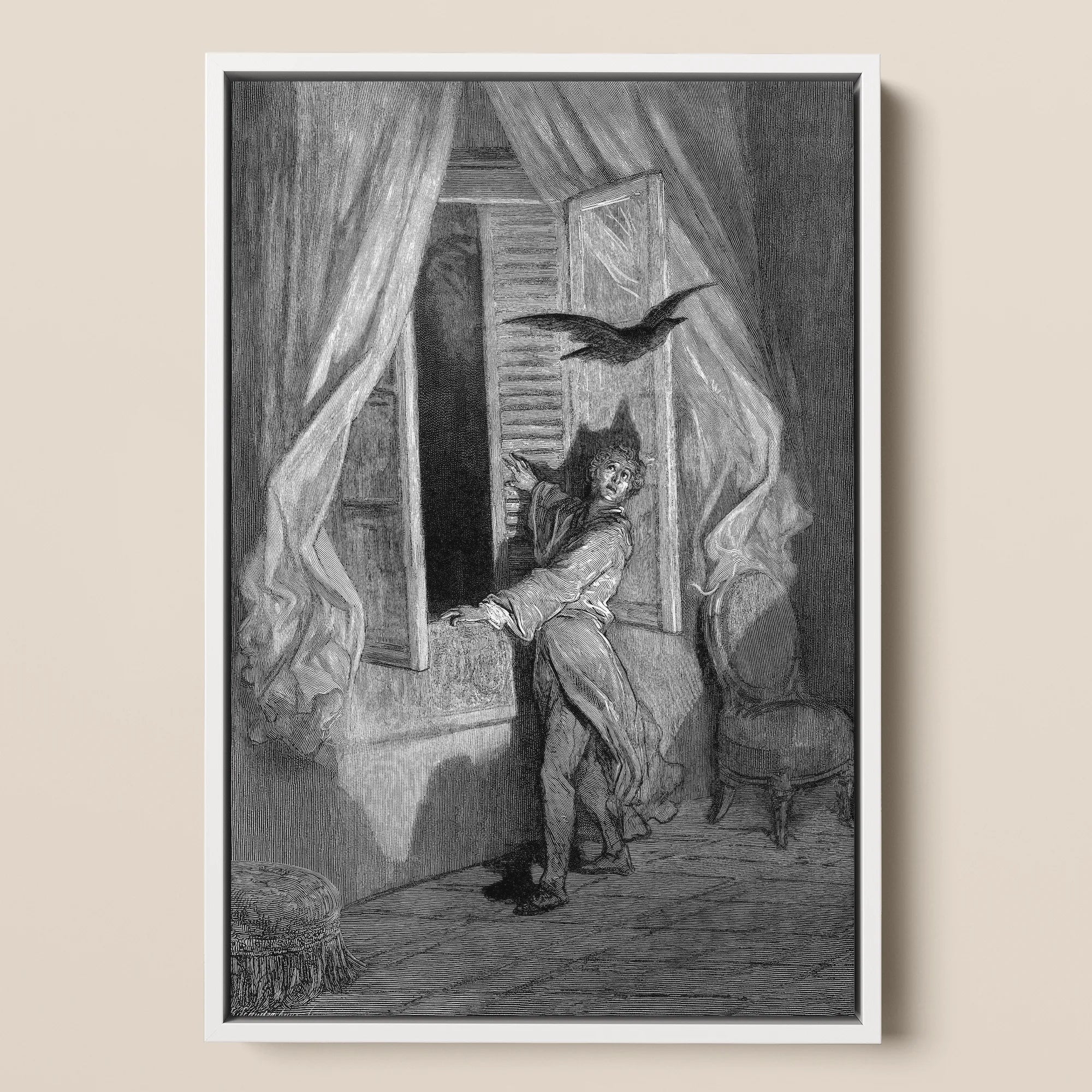 The Raven - Gustave Dore Framed Canvas, 12x18’’ / 31x46cm / White Floating Frame, Black White Illustration Person Startled Bird Open Window