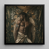 Raziel - Gay Black Angel Art Framed Canvas, 12x12’’ / 31x31cm / Floating Frame, Framed Painting Muscular Angel