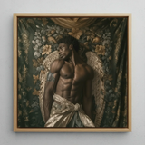 Raziel - Gay Black Angel Art Framed Canvas, 12x12’’ / 31x31cm / Natural Floating Frame, Framed Painting Shirtless Winged Man