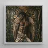 Raziel - Gay Black Angel Art Framed Canvas, 12x12’’ / 31x31cm / White Floating Frame, Framed Painting Muscular Angel