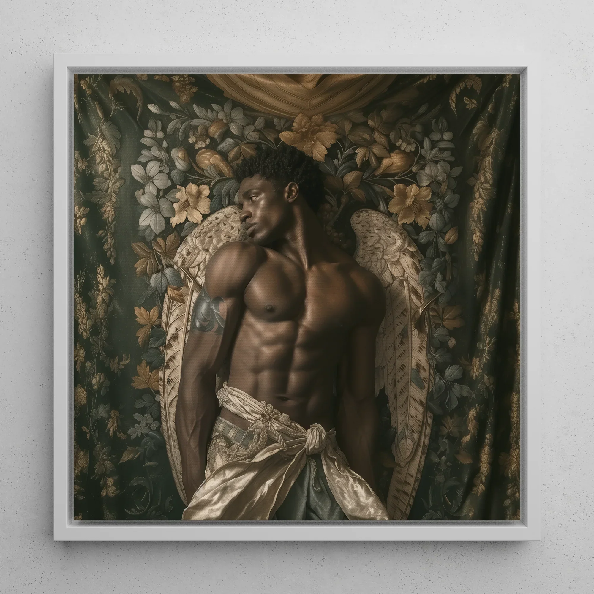 Raziel Gay Black Angel Art Framed Canvas, 12x12’’ / 31x31cm / White Floating Frame, Framed Painting Muscular Angel