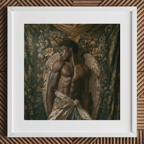 Raziel gay black angel art print framed, muscular figure.