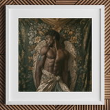 Raziel gay black angel art print framed, muscular figure.