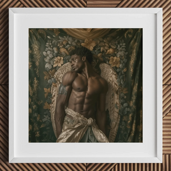 Raziel gay black angel art print framed, muscular figure.