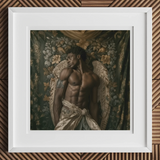Raziel Gay Black Angel Art Print, Framed Painting Shirtless Man Angel Wings Floral Backdrop