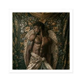 Raziel - Gay Black Angel Art Print / Canvas Muscular Shirtless Man Wings Posed Ornate Floral, Emerges Prints